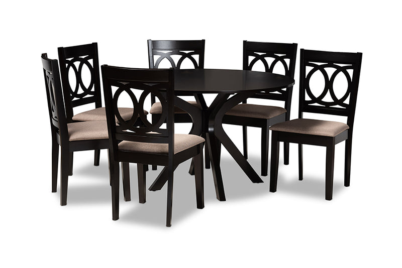 Felton Modern and Contemporary Sand Fabric Upholstered and Dark Brown Finished Wood 7-Piece Dining Set