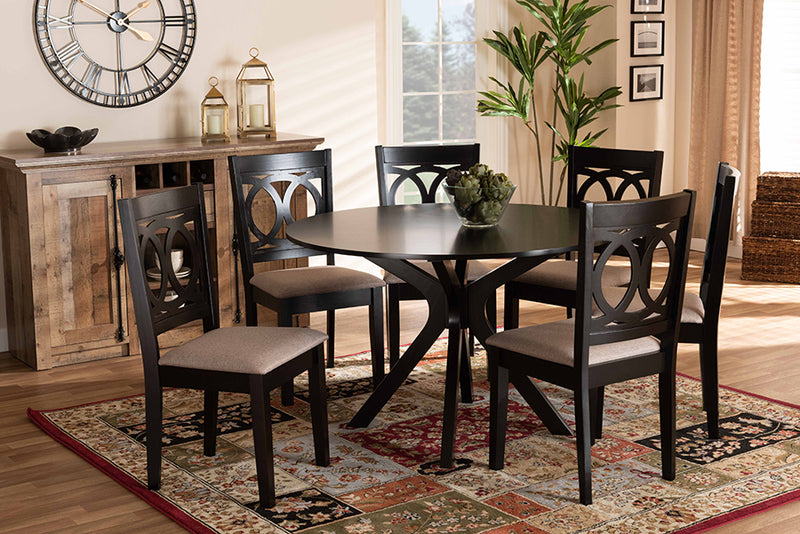 Felton Modern and Contemporary Sand Fabric Upholstered and Dark Brown Finished Wood 7-Piece Dining Set