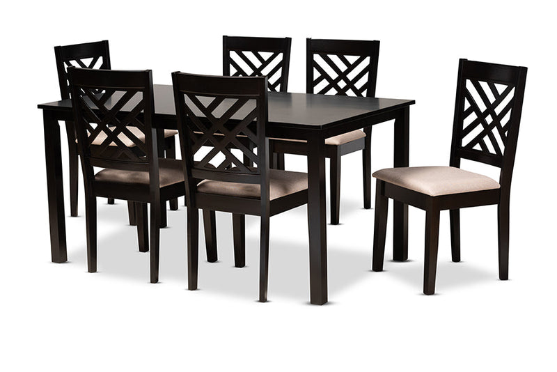 Iden Sand Fabric Upholstered Espresso Brown 7-Piece Dining Set Baxton