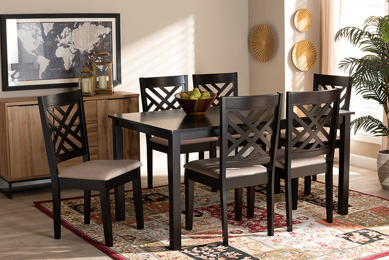 Iden Modern and Contemporary Sand Fabric Upholstered Espresso Brown Finished Wood 7-Piece Dining Set