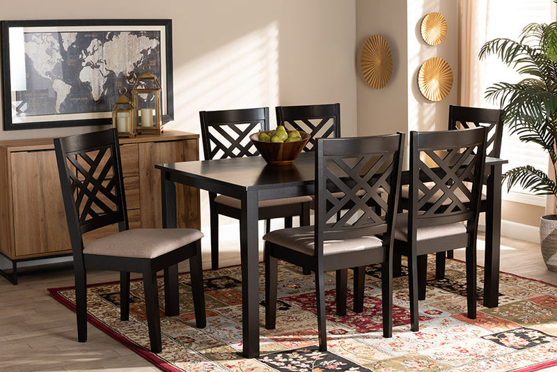 Iden Sand Fabric Upholstered Espresso Brown 7-Piece Dining Set Baxton