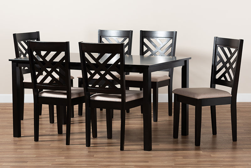 Iden Modern and Contemporary Sand Fabric Upholstered Espresso Brown Finished Wood 7-Piece Dining Set