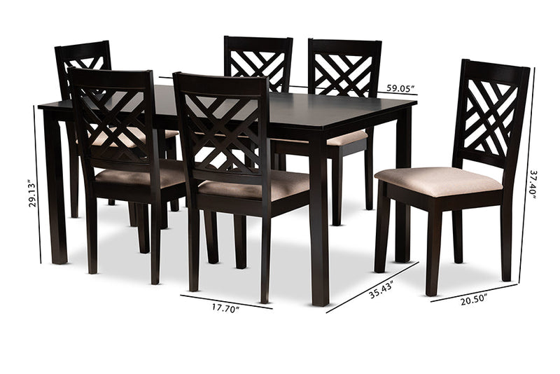 Iden Sand Fabric Upholstered Espresso Brown 7-Piece Dining Set Baxton