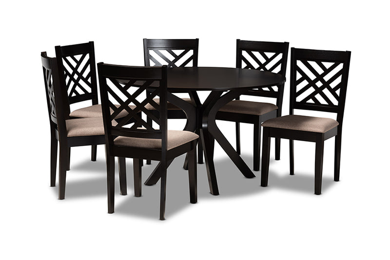 Michio Modern and Contemporary Sand Fabric Upholstered and Dark Brown Finished Wood 7-Piece Dining Set