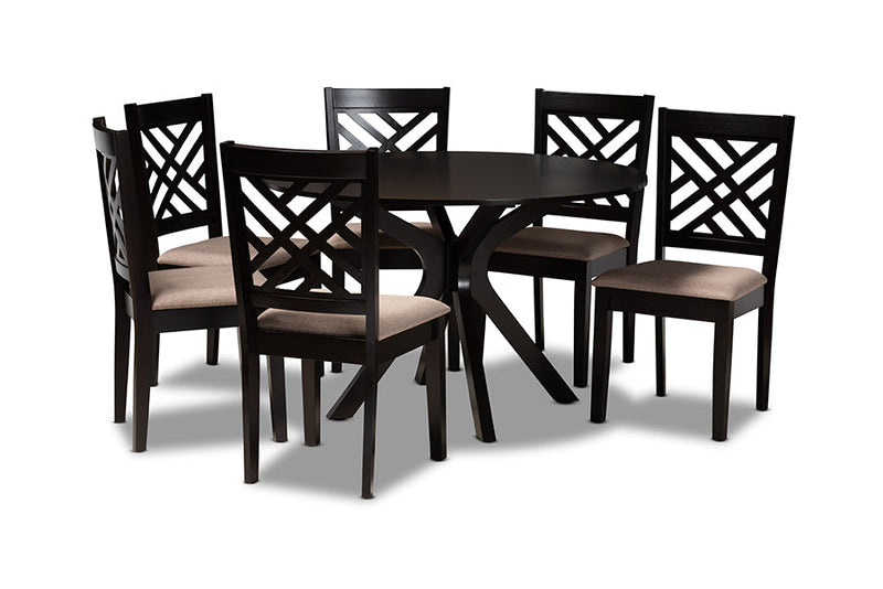 Michio Sand Fabric Upholstered and Dark Brown 7-Piece Dining Set Baxton