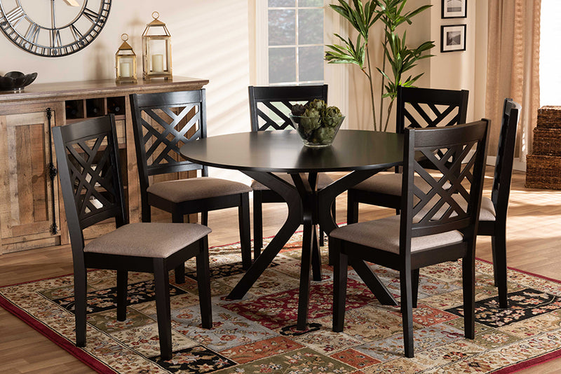 Michio Modern and Contemporary Sand Fabric Upholstered and Dark Brown Finished Wood 7-Piece Dining Set