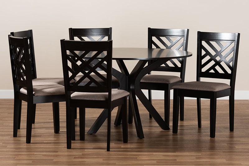 Michio Sand Fabric Upholstered and Dark Brown 7-Piece Dining Set Baxton