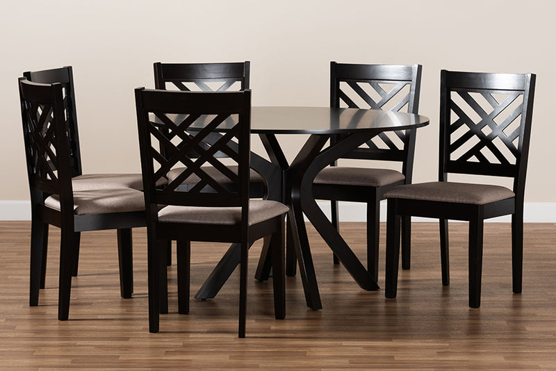 Michio Modern and Contemporary Sand Fabric Upholstered and Dark Brown Finished Wood 7-Piece Dining Set