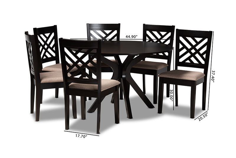 Michio Modern and Contemporary Sand Fabric Upholstered and Dark Brown Finished Wood 7-Piece Dining Set