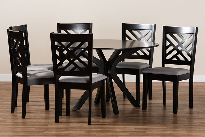 Michio Gray Fabric Upholstered and Dark Brown 7-Piece Dining Set Baxton