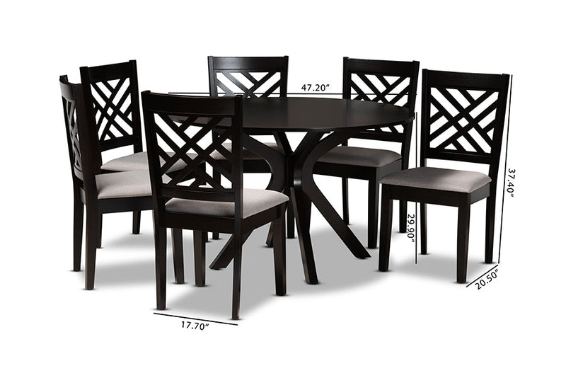Michio Gray Fabric Upholstered and Dark Brown 7-Piece Dining Set Baxton