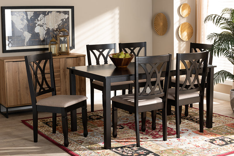 Asgart Modern and Contemporary Sand Fabric Upholstered Espresso Brown Finished Wood 7-Piece Dining Set