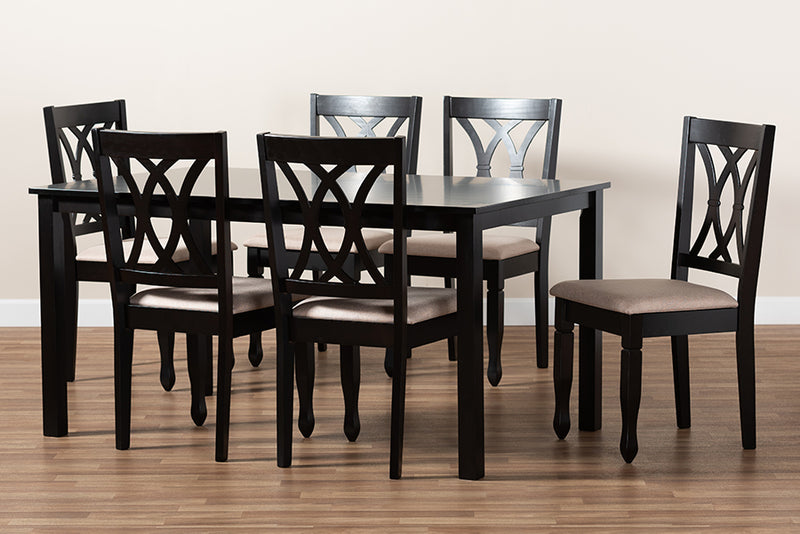 Asgart Modern and Contemporary Sand Fabric Upholstered Espresso Brown Finished Wood 7-Piece Dining Set