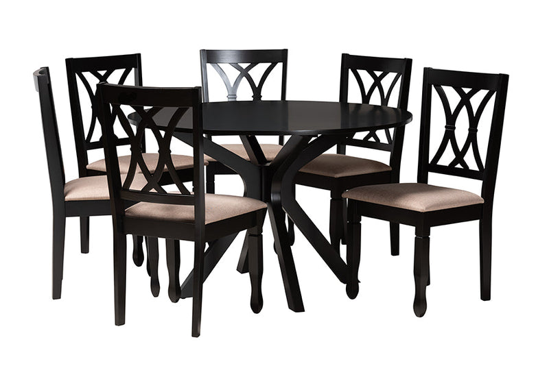 Linn Modern Beige Fabric and Espresso Brown 7-Piece Dining Set Baxton