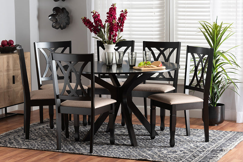 Linn Modern Beige Fabric and Espresso Brown 7-Piece Dining Set Baxton