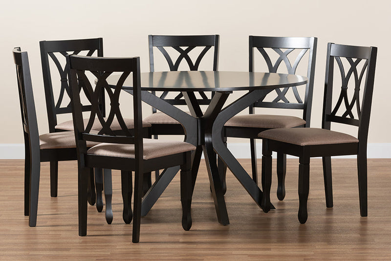 Linn Modern Beige Fabric and Espresso Brown 7-Piece Dining Set Baxton