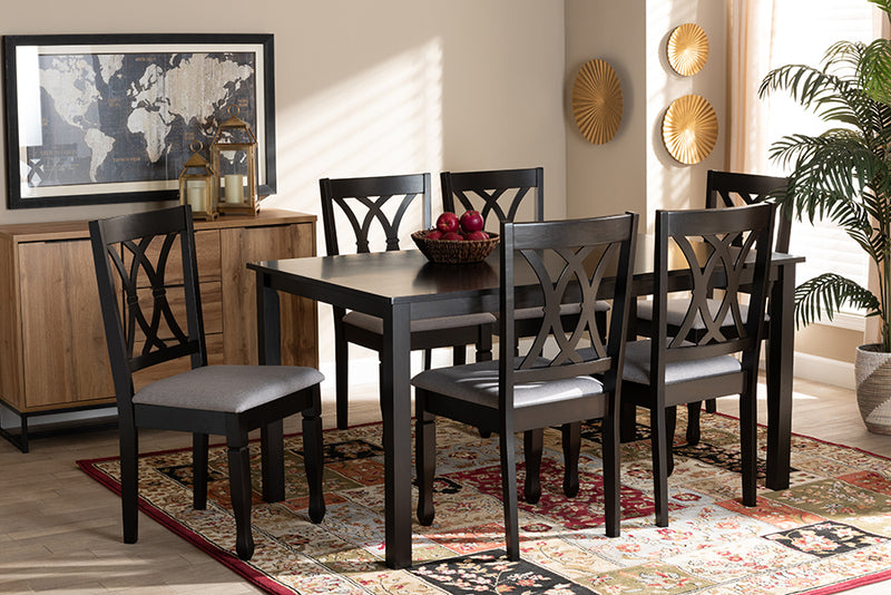 Asgart Modern and Contemporary Gray Fabric Upholstered Espresso Brown Finished Wood 7-Piece Dining Set