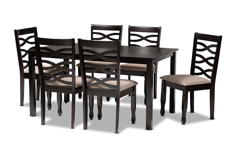 Maliyah Sand Fabric Upholstered Dark Brown 7-Piece Dining Set Baxton
