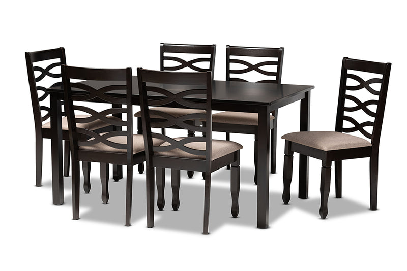 Maliyah Modern and Contemporary Sand Fabric Upholstered Dark Brown Finished Wood 7-Piece Dining Set