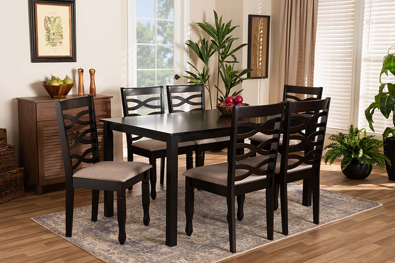 Maliyah Modern and Contemporary Sand Fabric Upholstered Dark Brown Finished Wood 7-Piece Dining Set
