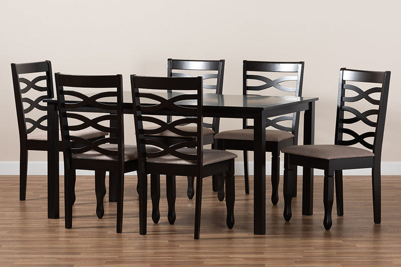Maliyah Sand Fabric Upholstered Dark Brown 7-Piece Dining Set Baxton