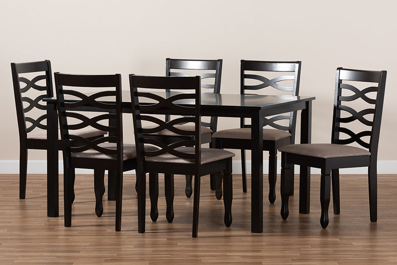 Maliyah Modern and Contemporary Sand Fabric Upholstered Dark Brown Finished Wood 7-Piece Dining Set