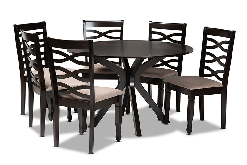 Meltem Sand Fabric Upholstered Dark Brown 7-Piece Dining Set Baxton
