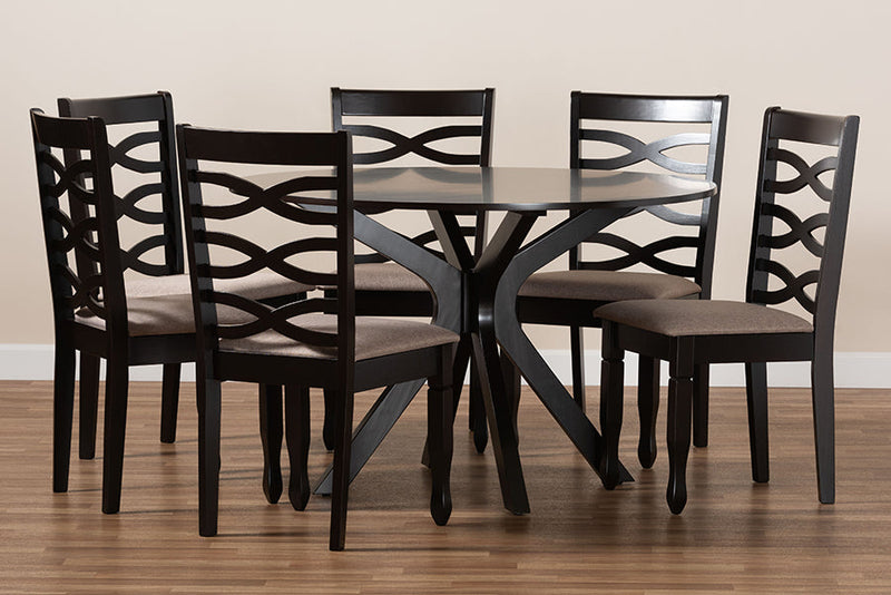Meltem Sand Fabric Upholstered Dark Brown 7-Piece Dining Set Baxton