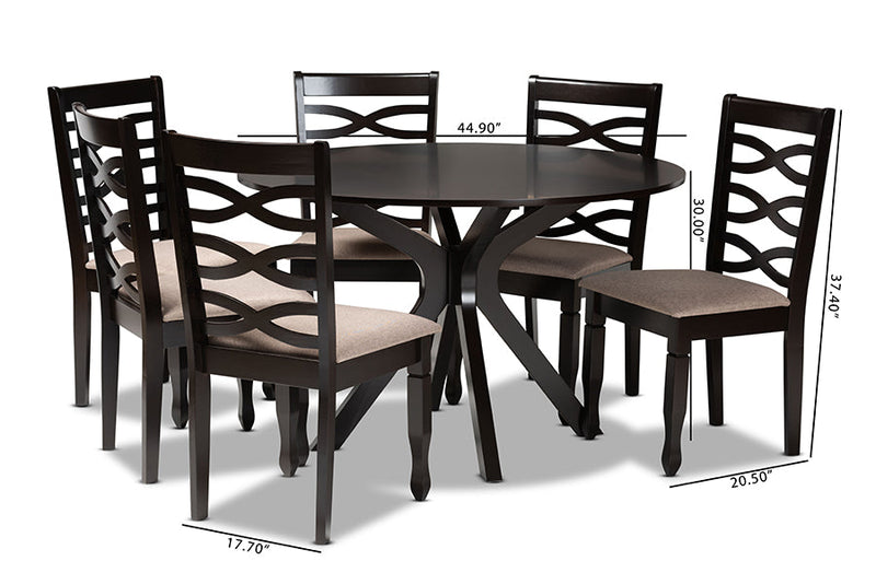 Meltem Sand Fabric Upholstered Dark Brown 7-Piece Dining Set Baxton