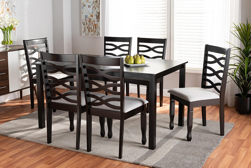 Maliyah Modern and Contemporary Gray Fabric Upholstered and Dark Brown Finished Wood 7-Piece Dining Set