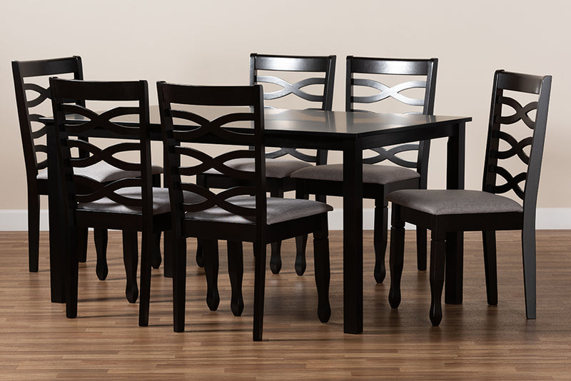 Maliyah Modern and Contemporary Gray Fabric Upholstered and Dark Brown Finished Wood 7-Piece Dining Set