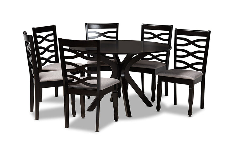 Meltem Gray Fabric Upholstered and Dark Brown 7-Piece Dining Set Baxton