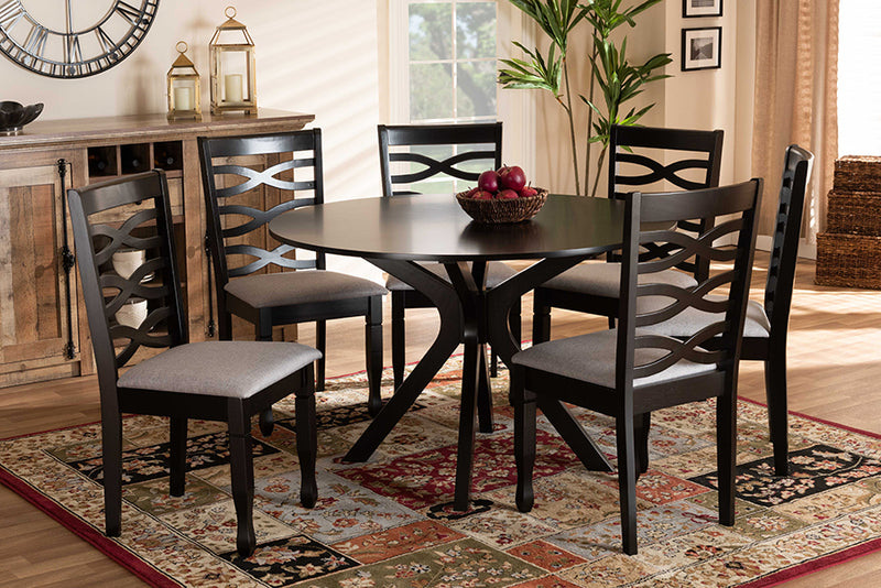 Meltem Modern and Contemporary Gray Fabric Upholstered and Dark Brown Finished Wood 7-Piece Dining Set