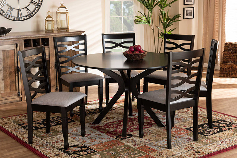 Meltem Gray Fabric Upholstered and Dark Brown 7-Piece Dining Set Baxton