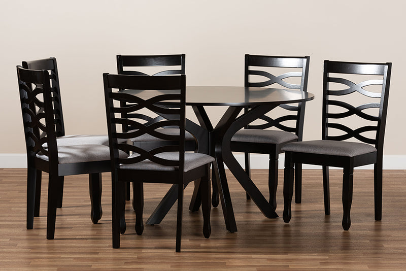 Meltem Modern and Contemporary Gray Fabric Upholstered and Dark Brown Finished Wood 7-Piece Dining Set
