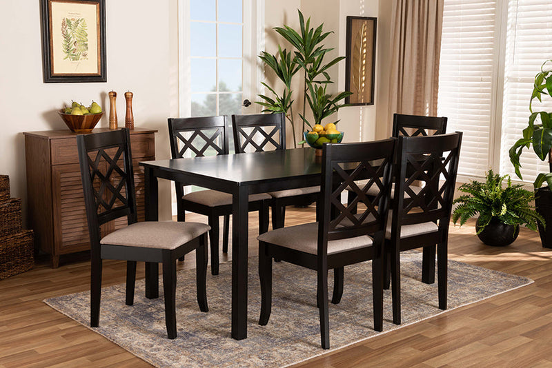 Pamela Sand Fabric Upholstered Dark Brown Finished 7-Piece Wood Dining Set Baxton