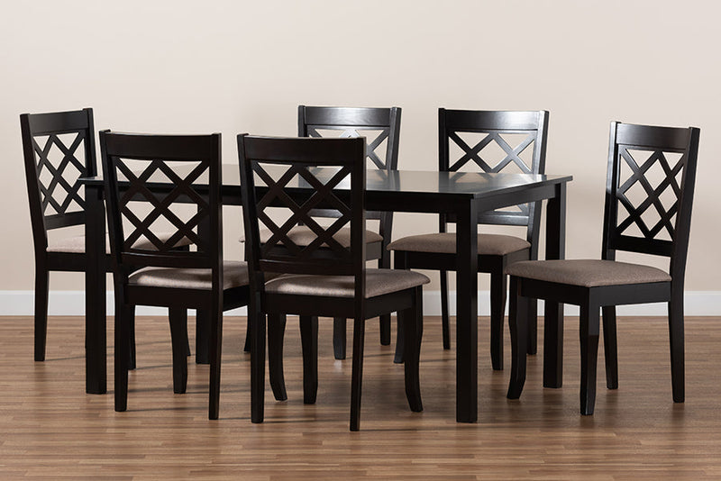 Pamela Sand Fabric Upholstered Dark Brown Finished 7-Piece Wood Dining Set Baxton