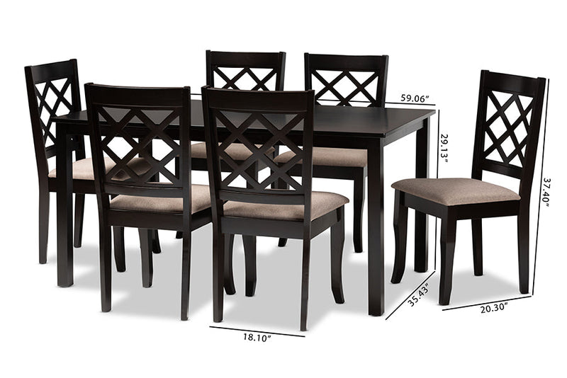 Pamela Sand Fabric Upholstered Dark Brown Finished 7-Piece Wood Dining Set Baxton