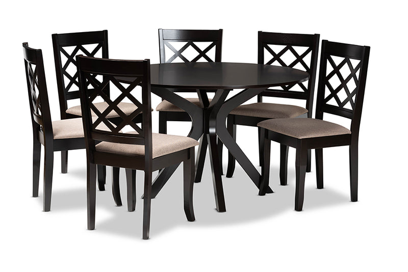 Addison Modern and Contemporary Sand Fabric Upholstered and Dark Brown Finished Wood 7-Piece Dining Set