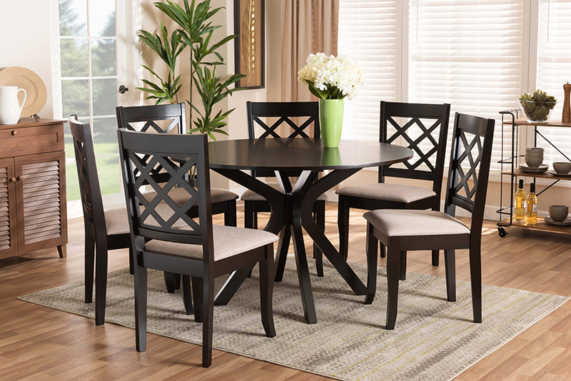 Addison Modern and Contemporary Sand Fabric Upholstered and Dark Brown Finished Wood 7-Piece Dining Set