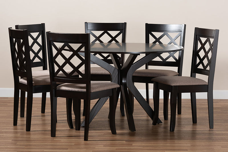 Addison Sand Fabric Upholstered and Dark Brown 7-Piece Dining Set Baxton