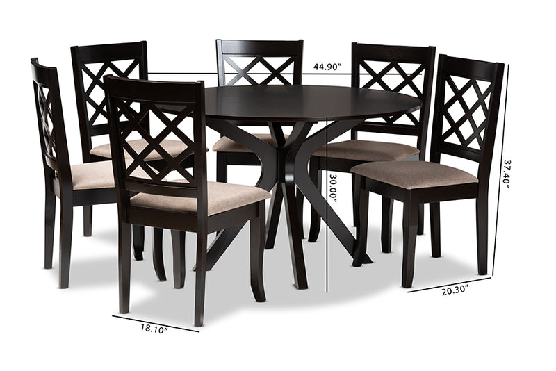 Addison Modern and Contemporary Sand Fabric Upholstered and Dark Brown Finished Wood 7-Piece Dining Set