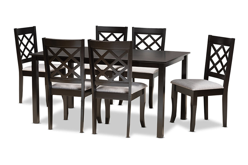 Pamela Modern and Contemporary Gray Fabric Upholstered and Dark Brown Finished Wood  7-Piece Dining Set