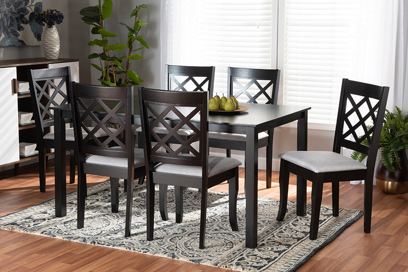 Pamela Modern and Contemporary Gray Fabric Upholstered and Dark Brown Finished Wood  7-Piece Dining Set