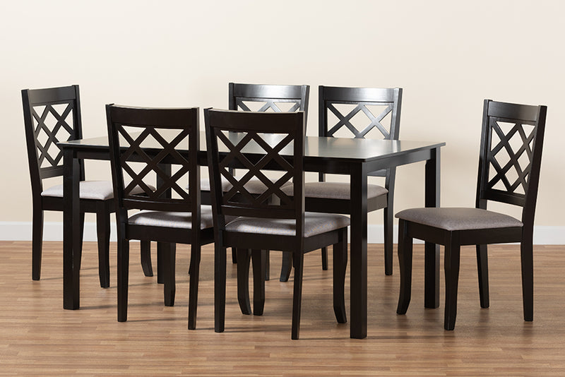 Pamela Modern and Contemporary Gray Fabric Upholstered and Dark Brown Finished Wood  7-Piece Dining Set