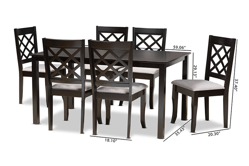 Pamela Modern and Contemporary Gray Fabric Upholstered and Dark Brown Finished Wood  7-Piece Dining Set