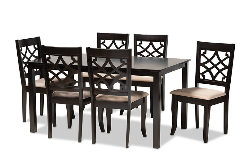 Meike Sand Fabric Upholstered and Espresso Brown 7-Piece Dining Set Baxton