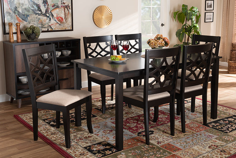 Meike Sand Fabric Upholstered and Espresso Brown 7-Piece Dining Set Baxton
