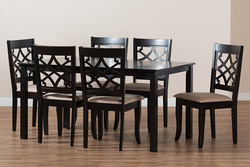 Meike Sand Fabric Upholstered and Espresso Brown 7-Piece Dining Set Baxton