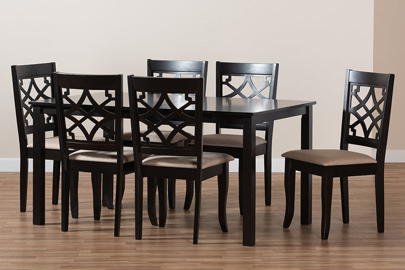 Meike Modern and Contemporary Sand Fabric Upholstered and Espresso Brown Finished Wood 7-Piece Dining Set